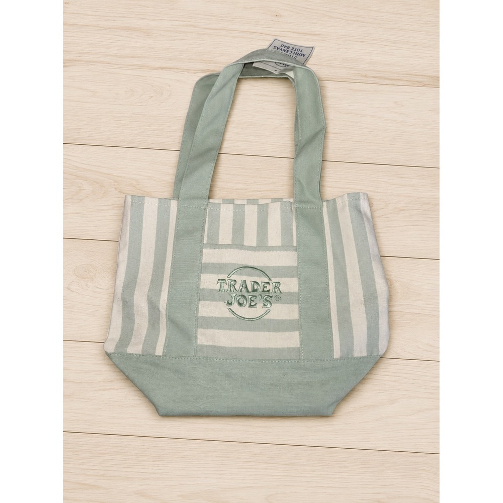 Trader Joe's Striped Mini Canvas Tote Bag Sage Green NWT Reusable Shopping Bag